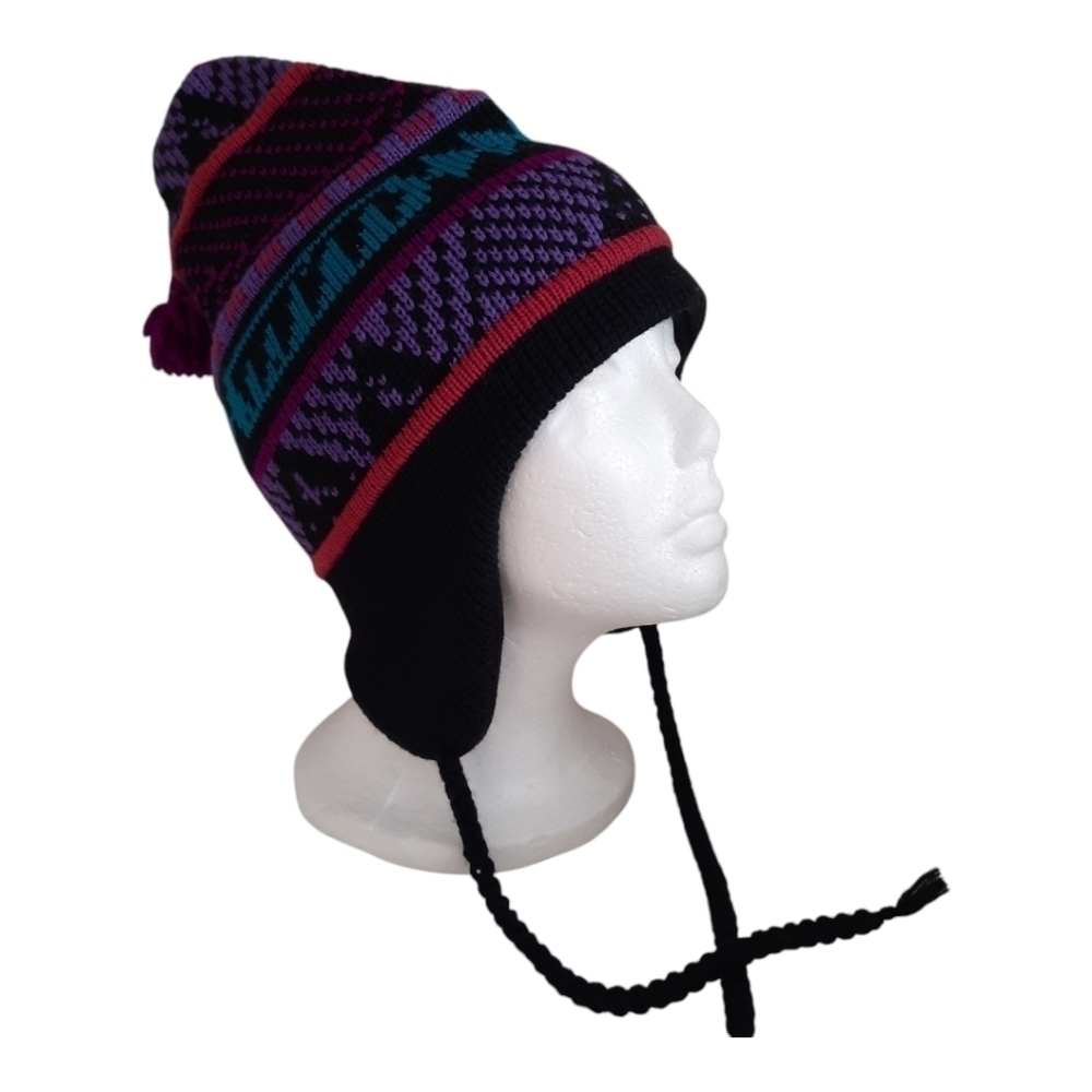 Vintage 90s Y2K Smiley 100% multi-color wool knit fleece lined winter ski hat